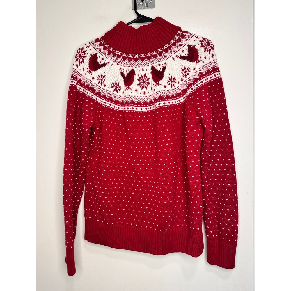 Talbots Nordic Fair Isle Zip Cardigan Sweater Sz:L Red White Bird Cotton